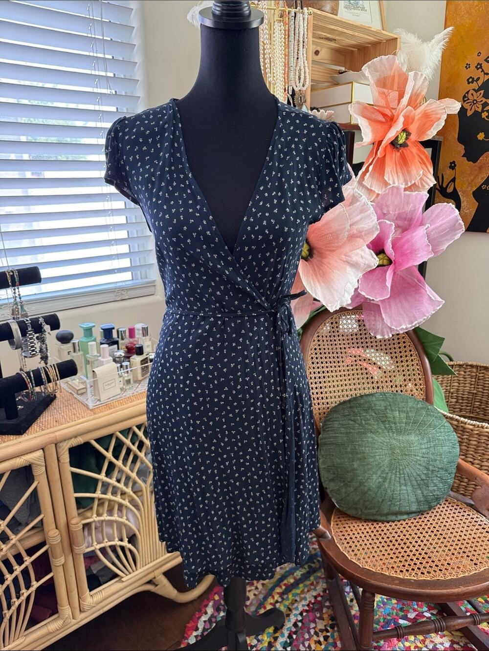 Brandy Melville Robbie Navy Baby Floral Boho Coastal Preppy Mini Wrap Skirt